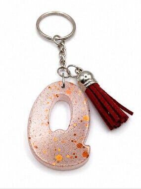 Handmade Resin Letter Q Keychain White Orange Glitter Tassel Charm